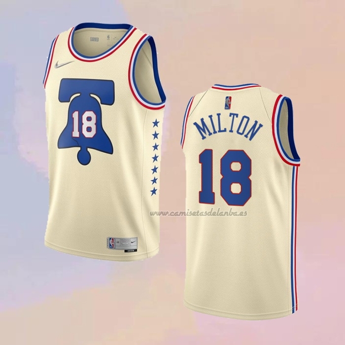 Camiseta Philadelphia 76ers Shake Milton NO 18 Earned 2020-21 Crema